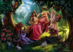  anthro avian barefoot bird blonde_hair breasts brown_hair building canid canine claws cleavage clothed clothing cloud detailed_background domestic_cat dragon dress feathered_wings feathers feet felid feline felis female fennec_fox feral flower forest fox grass group hair hindpaw horn lagomorph leporid long_hair loyse mammal mirror mythological_creature mythological_scalie mythology outside paws plant rabbit reclining red_fox red_hair rose_(flower) saterina scalie scroll sky standing tail temple toe_claws toes tree true_fox whiskers white_hair wings wreath 