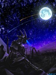  2015 3:4 android anthro armor blue_eyes conditional_dnp detailed_background digital_media_(artwork) hi_res horn legacy_(ratte) machine male mammal moon photon_(ratte) ratte ratteguhn ratteguhncat robot shooting_star signature solo space 