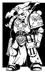  4_fingers adeptus_astartes alternate_universe anthro armor asriel_dreemurr_(god_form) black_and_white bolter boss_monster_(undertale) bovid caprine clothed clothing crossover fingers fully_clothed fur gaster_blaster horn karakylia long_ears machine male mammal monochrome plate_armor power_armor solo space_marine standing undertale undertale_(series) warhammer_(franchise) warhammer_40000 weapon 