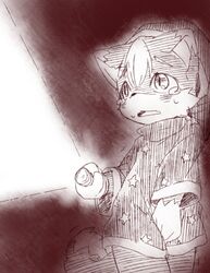  anthro bodily_fluids clothing dark desperation domestic_cat felid feline felis flashlight hi_res holding_crotch male mammal monochrome nekomew nekomew&#039;s_potty_trouble omorashi pajamas pikewin_games shaking solo tears trembling wide_(artist) young young_anthro 