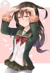  ahoge black_hair blush bow commentary cosplay female fur_trim green_jacket green_skirt hair_between_eyes hatsushimo_(kancolle) jacket juurouta kantai_collection long_hair long_sleeves looking_at_viewer low-tied_long_hair pantyhose parted_lips pink_background pleated_skirt pun red_bow red_eyes shimushu_(kancolle) shimushu_(kancolle)_(cosplay) shimushu_pose shirt skirt solo translation_request twitter_username white_pantyhose white_shirt 