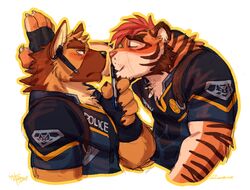  anthro biceps big_muscles blush canid canine canis chest_tuft closed_eyes clothing countershading denied domestic_dog duo felid fur german_shepherd herding_dog invisible_wall kissing male mammal muscular muscular_male neck_tuft officer_benson pantherine pastoral_dog pen police rossciaco simple_background takemoto_arashi tiger tuft uniform 