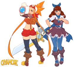  2girls armor backpack bag bandana black_legwear bliss_barson blue_eyes blue_legwear boots bracelet breasts brown_hair commentary_request concept_art contrapposto cryamore cryamore_condenser curly_hair detached_sleeves dress esmyrelda_maximus eyeshadow from_behind gloves goggles goggles_on_head hairband hand_on_own_hip jewelry long_hair makeup midriff mole multiple_girls neckerchief pants pauldrons robaato shoulder_armor spiked_hair standing striped suspenders sword thighhighs vertical_stripes weapon white_background white_gloves 