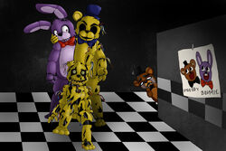  00kaori00 animatronic anthro bear bodily_fluids bonnie_(fnaf) bow_(feature) bow_tie clothing crying five_nights_at_freddy&#039;s five_nights_at_freddy&#039;s_3 freddy_(fnaf) glowing glowing_eyes golden_freddy_(fnaf) group hat headgear headwear hi_res lagomorph leporid machine male mammal rabbit robot scottgames springtrap_(fnaf) tears teeth top_hat 