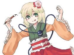  :p alternate_costume blush calligraphy_brush clenched_hands closed_mouth commentary_request cosplay female flower frilled_sleeves frills green_eyes green_hair hair_flower hair_ornament hands_up hieda_no_akyuu hieda_no_akyuu_(cosplay) holding holding_brush holding_paintbrush japanese_clothes kimono komeiji_koishi paintbrush smile solo third_eye tongue tongue_out touhou wide_sleeves yukata yunuki_uta 