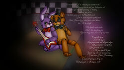  00kaori00 16:9 animatronic anthro bear bonnie_(fnaf) bow_(feature) bow_tie closed_eyes clothing dark duo english_text five_nights_at_freddy&#039;s freddy_(fnaf) hat headgear headwear lagomorph leporid machine male mammal rabbit robot scottgames teeth text top_hat widescreen 