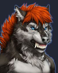  2016 angry anthro bearing_fangs black_lips blue_background blue_eyes bust_portrait canid canine canis collaboration digital_media_(artwork) fangs felfi front_view fur grey_body grey_fur grey_nose hair hi_res inner_ear_fluff lips looking_at_viewer male mammal multicolored_body multicolored_fur orange_hair portrait reaction_image rogueliger simple_background snarling snout solo storm_(stormwx_wolf) teeth tuft two_tone_body two_tone_fur white_body white_fur wolf 