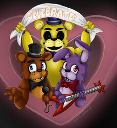  00kaori00 animatronic bear bonnie_(fnaf) bow_(feature) bow_tie clothing five_nights_at_freddy&#039;s freddy_(fnaf) golden_freddy_(fnaf) group hat headgear headwear hi_res lagomorph leporid machine male mammal rabbit robot scottgames top_hat 