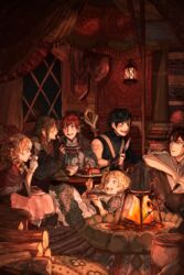  3boys 3girls absurdres black_hair blonde_hair bowl bowl_hat brand_of_the_exalt brown_hair chrom_(fire_emblem) cloak commentary_request drill_hair falchion_(fire_emblem) fire_emblem fire_emblem_awakening frederick_(fire_emblem) grin hat highres indoors katy_ho lissa_(fire_emblem) loaded_interior long_hair maribelle_(fire_emblem) multiple_boys multiple_girls red_hair ricken_(fire_emblem) robin_(female)_(fire_emblem) robin_(fire_emblem) short_hair sitting smile sword tharja_(fire_emblem) weapon when_you_see_it 