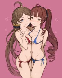  2girls ahoge arm_around_back asymmetrical_docking bad_id bad_pixiv_id bare_shoulders bikini blue_eyes breast_press breasts brown_eyes brown_hair cheek-to-cheek covered_nipples diantha_(granblue_fantasy) granblue_fantasy hanarito harie_(granblue_fantasy) heads_together hug looking_at_viewer medium_breasts multiple_girls navel one_eye_closed red_hair side-tie_bikini_bottom side_ponytail swimsuit v 