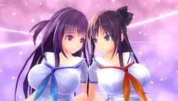  3d absurdres black_hair blush breasts couple eye_contact happy highres incest kagurazaka_ranka kagurazaka_rinka large_breasts long_hair looking_at_another multiple_girls purple_eyes purple_hair school_uniform screencap siblings sisters smile uniform valkyrie_drive valkyrie_drive_-bhikkhuni- yuri 