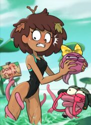  1boy 2girls amphibia anne_boonchuy brown_hair centinel303 dark-skinned_female disney disney_channel leaf one-piece_swimsuit polly_plantar sprig_plantar standing straight_hair swimsuit tentacle tentacles thai thighs water 