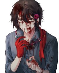  1boy absurdres black_hair bleeding_from_forehead blood blood_on_clothes blood_on_face blood_on_hands blood_on_neck blue_shirt chinese_commentary collared_shirt commentary_request flower freckles fu_shun_(touqi_guaitan) gloves hair_between_eyes hair_flower hair_ornament hand_up highres jewelry male_focus mole mole_above_eye mole_above_mouth mole_under_mouth necklace nosebleed pink_flower red_gloves scared shirt short_hair simple_background single_glove sleeves_rolled_up solo touqi_guaitan upper_body white_background www30390 