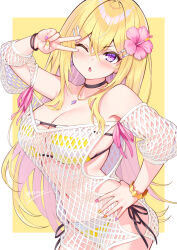  ;o bikini black_choker blonde_hair blush bracelet breasts choker commentary_request cu-no female fishnets flower hair_between_eyes hakurei_botan highres hisen_kaede jewelry large_breasts looking_at_viewer multicolored_nails nail_polish necklace one_eye_closed orange_nails pink_flower purple_eyes purple_nails side-tie_bikini_bottom solo swimsuit two-tone_background v white_background yellow_background yellow_bracelet 