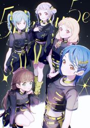  5girls 5yncri5e!_(love_live!) arashi_chisato ban_(one_ban7241) belt black_footwear black_jacket black_skirt blonde_hair blue_hair breast_pocket brown_hair choker closed_mouth collarbone commentary double_bun green_eyes green_hair grey_hair group_name hair_bun hair_ornament hand_up highres jacket long_hair long_sleeves looking_at_viewer loose_socks love_live! love_live!_superstar!! medium_hair midriff multiple_girls onitsuka_natsumi onitsuka_tomari orange_eyes parted_lips pink_eyes pocket raised_eyebrow red_hair sakurakoji_kinako see-through see-through_sleeves shoes short_hair short_sleeves siblings sidelocks sisters skirt smile socks squatting standing swept_bangs symbol-only_commentary thank_you_good_morning twintails wakana_shiki yellow_belt yellow_choker yellow_socks 