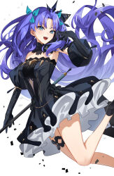  absurdres bare_shoulders black_dress black_gloves blue_eyes breasts dress elbow_gloves ereshkigal_(fate) fate/grand_order fate_(series) female gloves hair_ornament highres izanaware_game long_hair looking_at_viewer medium_breasts one_eye_closed open_mouth parted_bangs purple_hair smile solo space_ereshkigal_(fate) space_ereshkigal_(second_ascension)_(fate) thighs weapon 