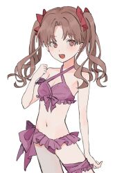  :d arm_at_side armband bare_shoulders bikini blush bow bow_bikini breasts brown_eyes brown_hair cleavage clenched_hand cowboy_shot criss-cross_halter female frilled_bikini frills from_side h11_r0 hairbow halterneck hand_up highres light_blush long_hair looking_at_viewer looking_to_the_side midriff navel open_mouth parted_bangs purple_armband purple_bikini red_bow shirai_kuroko small_breasts smile solo swimsuit thigh_strap toaru_kagaku_no_railgun toaru_majutsu_no_index twintails 