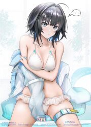  ... arknights bare_shoulders bikini black_hair female grey_eyes hair_intakes highres la_pluma_(arknights) la_pluma_(summer_flowers)_(arknights) navel off_shoulder official_alternate_costume short_hair sitting solo stomach swimsuit thought_bubble white_bikini yokaze_(yokajie) 