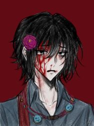  1boy black_eyes black_hair bleeding_from_forehead blood blood_on_face blood_on_neck blue_shirt chinese_commentary collared_shirt commentary_request flower fu_shun_(touqi_guaitan) hair_between_eyes hair_flower hair_ornament highres male_focus mole mole_above_eye mole_under_eye mole_under_mouth nanshu63952 nosebleed open_mouth pale_skin pink_flower portrait red_background red_sash sash shirt short_hair simple_background solo sweat tearing_up touqi_guaitan 