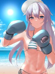  absurdres alternate_breast_size beach bikini blue_eyes blue_gloves blue_sky boxing_gloves breasts character_name cloud dangan_kurabu day female gloves grey_hair hat hibiki_(kancolle) highres horizon kantai_collection long_hair navel ocean outdoors side-tie_bikini_bottom sky small_breasts solo striped_bikini striped_clothes sun swimsuit upper_body verniy_(kancolle) white_hat 