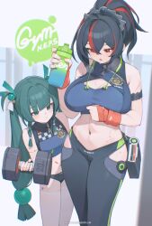  2girls absurdres bare_shoulders bilibili_xiaolu black_hair black_pants blush breasts chinese_commentary cleavage commentary_request cowboy_shot crop_top dumbbell green_eyes green_hair highres holding holding_dumbbell large_breasts leggings midriff multicolored_hair multiple_girls navel pants parted_lips ponytail qingyi_(zenless_zone_zero) red_hair standing stomach streaked_hair zenless_zone_zero zhu_yuan 