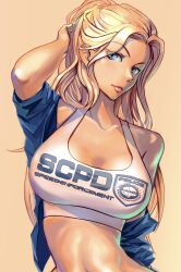  959_(8go8) blue_eyes blue_shirt female hair_behind_ear hand_on_own_head highres leaning_to_the_side long_hair looking_at_viewer midriff navel need_for_speed need_for_speed:_hot_pursuit_(2010) off_shoulder original pink_lips shirt solo sports_bra very_long_hair white_sports_bra wide_hips yellow_background 