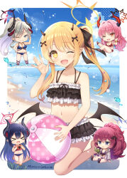  &gt;_&lt; 5girls :d ;d ball bare_arms bare_shoulders beachball bikini bikini_under_clothes black_bikini black_wings blonde_hair blue_archive blue_bikini blue_hair blue_sky breasts camera chiaki_(blue_archive) chibi cleavage cloud collarbone commentary_request day demon_girl demon_horns demon_tail demon_wings frilled_bikini frills grey_eyes grey_hair grey_jacket grin hair_between_eyes highres holding holding_camera hood hood_down hooded_jacket horns ibuki_(blue_archive) iroha_(blue_archive) jacket large_breasts long_hair makoto_(blue_archive) medium_breasts multiple_girls navel ocean oerba_yun_fang one_eye_closed open_clothes open_jacket pink_hair ponytail purple_eyes red_bikini red_eyes red_hair sakurai_makoto_(custom_size) satsuki_(blue_archive) side-tie_bikini_bottom side_ponytail signature sitting sky smile standing standing_on_one_leg swimsuit tail very_long_hair water wings xd yellow_eyes 