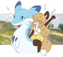  ambiguous_gender anthro averi_(fiddleafox) blue_body blue_eyes blue_fur bottomwear brown_body brown_fur canid canine chillet closed_eyes clothing dipstick_tail duo female female_anthro feral fox fur gloves_(marking) guzzlord420 hair hi_res leg_markings mammal markings pal_(species) palworld photo_background photography_(artwork) pocketpair riding_on_back shorts socks_(marking) tail tail_markings white_body white_fur 