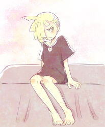  1boy arm_support barefoot black_shirt blonde_hair bottomless closed_mouth earrings gladion_(pokemon) green_eyes hair_over_one_eye jewelry male_focus on_bed pokemon pokemon_sm shirt short_hair sitting solo yoyterra 