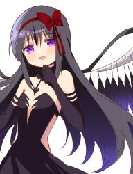  :d akemi_homura akuma_homura bare_shoulders black_dress black_gloves black_hair blush bow breasts commentary_request cowboy_shot detached_collar dress elbow_gloves feathered_wings female gloves hair_between_eyes hair_ribbon hairbow hand_out_of_frame hand_up long_hair looking_at_viewer mahou_shoujo_madoka_magica mahou_shoujo_madoka_magica:_hangyaku_no_monogatari open_mouth purple_eyes red_bow red_ribbon ribbon ruru_(rurumagi) sidelocks simple_background small_breasts smile solo strapless strapless_dress white_background wings 