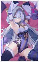  absurdres animal_hood armpits arms_up blue_eyes breasts cat_hood chain_around_neck chains comet_(user_fjsa4577) cowboy_shot crotch_zipper detached_sleeves female full-length_zipper hair_between_eyes hair_ribbon highres honkai_(series) honkai_impact_3rd hood long_hair looking_at_viewer purple_ribbon purple_thighhighs ribbon small_breasts solo stuffed_toy theresa_apocalypse thighhighs thighs white_hair zettai_ryouiki zipper 