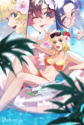  4girls 7sino asagi_caldwell bikini blonde_hair blue_eyes blue_hair breasts cagalli_yula_athha flower glasses gundam gundam_seed hair_flower hair_ornament highres juri_wu_nien mayura_labatt multiple_girls red_hair short_hair smile swim_ring swimsuit two-tone_bikini water yellow_eyes 