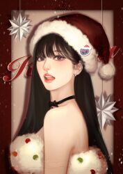  aespa bare_shoulders black_bow black_choker border bow choker christmas_star devilzong english_commentary female from_side fur-trimmed_headwear fur_trim hat highres k-pop karina_(aespa) long_hair looking_at_viewer mole mole_under_mouth open_mouth outside_border pom_pom_(clothes) real_life realistic red_border red_hat red_lips santa_hat solo very_long_hair watermark 