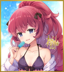  2024 bikini blue_archive blue_sky blush border breasts brown_border cloud day female food frilled_bikini frills grey_eyes hair_between_eyes high_ponytail highres holding holding_food hood hood_down hooded_jacket iroha_(blue_archive) jacket long_hair long_sleeves off_shoulder open_clothes open_jacket open_mouth outdoors ponytail popsicle puffy_long_sleeves puffy_sleeves purple_bikini red_hair sakurai_makoto_(custom_size) signature sky small_breasts smile solo swimsuit upper_body white_jacket 