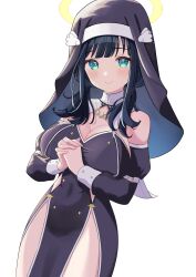  1554_(mk1554) absurdres amano_nene_(vtuber) amano_nene_(vtuber)_(2nd_costume) bare_shoulders black_dress black_hair black_sleeves black_veil blush breasts cleavage closed_mouth commission cowboy_shot detached_collar detached_sleeves dress dutch_angle female green_eyes halo heart heart-shaped_pupils high_collar highres interlocked_fingers jewelry juliet_sleeves large_breasts long_dress long_hair long_sleeves looking_at_viewer low_twintails necklace nun official_alternate_costume official_alternate_hairstyle own_hands_clasped own_hands_together pelvic_curtain production_kawaii puffy_sleeves side_slit sidelocks simple_background skeb_commission sleeve_cuffs sleeve_garter smile solo strapless strapless_dress symbol-shaped_pupils traditional_halo twintails veil virtual_youtuber white_background 