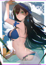  absurdres asu_azure bare_shoulders black_hair female green_eyes hand_up hat highres lin_(summer_shade)_(tower_of_fantasy) lin_(tower_of_fantasy) long_hair looking_at_viewer ocean smile solo solo_focus summer swimsuit tower_of_fantasy 