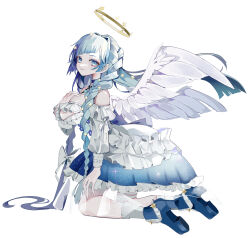  absurdres angel angel_wings bare_shoulders blue_choker blue_eyes blue_footwear blue_hair blue_skirt bow braid breasts choker detached_sleeves diamond_(gemstone) dress feathered_wings female flower frilled_dress frilled_skirt frills hair_flower hair_ornament hairbow halo hand_on_own_chest highres indie_virtual_youtuber kneehighs kneeling large_breasts long_hair looking_at_viewer mamiya_miya sasayaki_hisori see-through skirt socks solo star_(symbol) star_hair_ornament starry_sky_print twin_braids underbust very_long_hair virtual_youtuber white_bow white_dress white_sleeves white_socks white_wings wings 