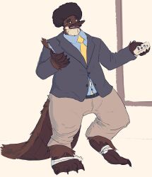  absurd_res afro anthro beak bodily_fluids brown_body brown_fur business_suit businesswear clothing controller feet fur hi_res inside male mammal membrane_(anatomy) monotreme necktie platypus platypus_tail remote_control simple_background solo suit sweat sweatdrop the_coast_is_near toes torn_clothing webbed_feet were 