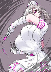  absurdres ahoge bandaged_arm bandages breasts cross_hat_ornament female frim_02 gloves grey_hair hair_ornament hair_over_one_eye hat highres holding holding_syringe large_breasts long_hair looking_at_viewer mole mole_under_eye nijisanji nurse nurse_cap purple_eyes sukoya_kana sukoya_kana_(1st_costume) syringe twintails virtual_youtuber white_wrist_cuffs wrist_cuffs x x_hair_ornament 