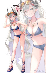  arm_up bare_arms bare_shoulders bikini blue_archive blue_bikini blue_eyes blue_footwear blue_nails breasts brown-tinted_eyewear cleavage collarbone commentary_request demon_horns earrings eyewear_on_head female grey_hair grin highres horns jewelry long_hair makoto_(blue_archive) medium_breasts nail_polish o-ring o-ring_bikini o-ring_top pointy_ears ponytail sakurai_makoto_(custom_size) sandals signature simple_background smile solo swimsuit tinted_eyewear toenail_polish toenails very_long_hair white_background zoom_layer 