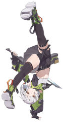  absurdres anby_demara berserker_r bike_shorts black_gloves black_shorts black_skirt black_thighhighs blush commentary_request crop_top detached_sleeves female fingerless_gloves full_body gloves green_eyes handstand highres holding holding_sword holding_weapon looking_at_viewer midriff navel one_arm_handstand open_mouth puffy_sleeves short_hair shorts simple_background skirt solo sword thighhighs thighs two-tone_footwear weapon white_background white_hair zenless_zone_zero 