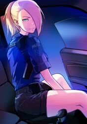  959_(8go8) black_shorts blonde_hair blue_eyes blue_shirt collared_shirt female hair_behind_ear hair_over_one_eye highres looking_at_viewer need_for_speed need_for_speed:_hot_pursuit_(2010) open_door original police police_uniform policewoman shirt shirt_tucked_in short_shorts short_sleeves shorts smile solo uniform vehicle_interior 