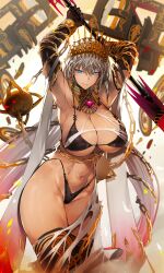  abs absurdres armpits arms_up ballista bare_shoulders bikini black_bikini black_gloves black_thighhighs blue_eyes breasts chains cleavage collar crown cuffs curvy dark-skinned_female dark_skin earrings elbow_gloves fate/grand_order fate_(series) female gloves gold_chain grey_hair highleg highleg_bikini highleg_panties highres huge_breasts jewelry large_breasts long_hair looking_at_viewer multicolored_hair navel neck_ring nishiide_kengorou panties pink_hair polearm shackles solo spear swimsuit tan thick_thighs thighhighs thighs underwear very_long_hair weapon zenobia_(fate) 