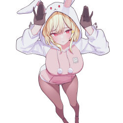  absurdres animal_ears animal_hood blonde_hair blush breasts brown_pantyhose female gloves half_gloves highres hood hood_up hoodie jingburger large_breasts long_sleeves looking_at_viewer pantyhose rabbit_ears rabbit_hood rabbit_pose red_eyes simple_background solo sundance0218 virtual_youtuber waktaverse 