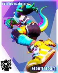  2024 3d_(artwork) absurd_res anthro artist_logo artist_name black_bottomwear black_clothing black_shorts bottomwear bufflovestheart clothed clothing digital_media_(artwork) epic_games feral fortnite fortnite:_battle_royale gecko gloves green_body green_scales green_tail handwear happy hi_res huge_filesize humanoid lizard lizzik_(fortnite) logo looking_at_viewer male orange_eyes pattern_background pupils reptile scales scalie shorts simple_background slit_pupils smile solo solo_focus sportswear tail tongue tongue_out torn_clothing unreal_engine_(artwork) 