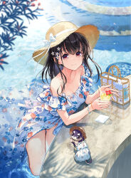  animal bag bare_shoulders black_hair bow breasts brown_hat chihuahua closed_mouth clothed_animal collarbone commentary_request cup dress drink drinking_straw female floral_print flower frilled_dress frills hair_flower hair_ornament hat hat_bow holding holding_cup long_hair looking_at_viewer medium_breasts off-shoulder_dress off_shoulder original print_dress red_eyes sanbasou smile solo straw_hat water white_bow white_dress white_flower 