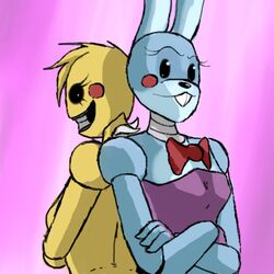  1:1 animatronic anthro avian bird bow_(feature) bow_tie chicken duo female five_nights_at_freddy&#039;s five_nights_at_freddy&#039;s_2 galliform gallus_(genus) gud lagomorph leporid low_res machine mammal phasianid rabbit robot scottgames toy_bonnie_(fnaf) toy_chica_(fnaf) 