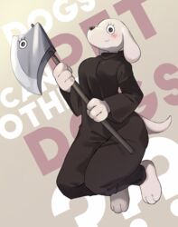  anthro axe blush breasts canid canine canis chaora clothing dogaressa domestic_dog english_text eyelashes female fur hi_res mammal melee_weapon smile solo text undertale undertale_(series) weapon white_body white_fur 