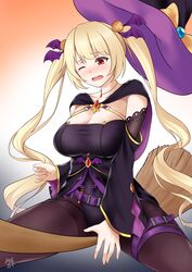  absurdres azur_lane bat_hair_ornament black_background black_leotard black_pantyhose blonde_hair bow breasts brooch broom broom_riding cape cleavage collar commentary_request detached_sleeves female food-themed_hair_ornament gem hair_ornament halloween hat hat_bow highres jewelry kamui_aya large_breasts leotard long_hair long_sleeves multicolored_background necklace nelson_(azur_lane) nelson_(luna_witch)_(azur_lane) official_alternate_costume one_eye_closed orange_background pantyhose pumpkin_hair_ornament red_eyes red_gemstone solo strapless strapless_leotard tears twintails very_long_hair white_background witch witch_hat wristband 