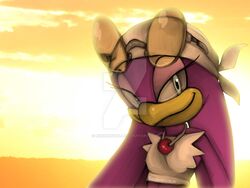  4:3 anthro avian bandana beak bird breasts clothing deviantart eyelashes eyewear feathers female hirundinid jewelry kerchief looking_at_viewer necklace non-mammal_breasts oscine passerine purple_body purple_feathers rondineviola sega smile solo sonic_riders sonic_the_hedgehog_(series) sunglasses swallow_(bird) watermark wave_the_swallow 